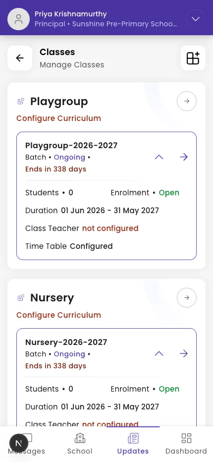 Class type selection and the Add Section sheet