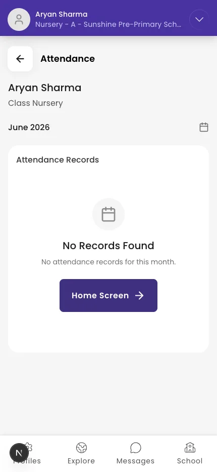 Attendance screen with the monthly summary cards and the records list