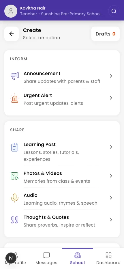 The post-type picker and the audience/scheduling step