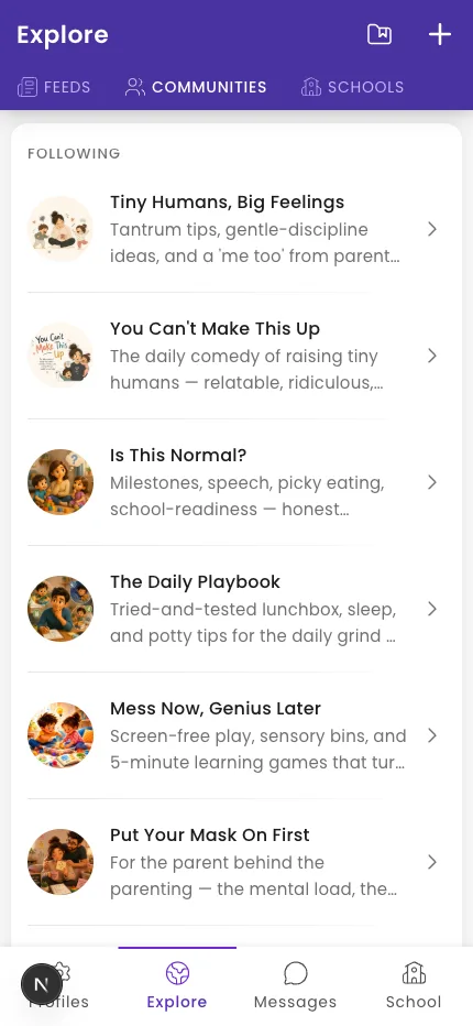 Explore tab showing the Communities list with Follow buttons