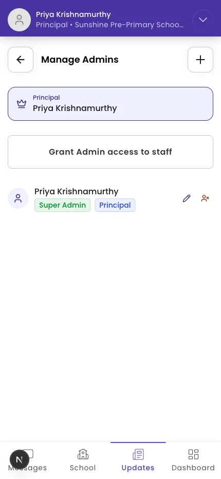 The Manage Admins sheet with a staff list and the confirm checkbox
