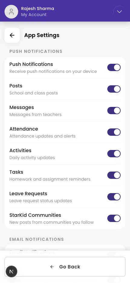 App Settings with the Push Notifications toggles