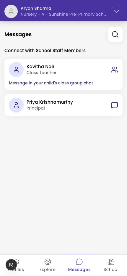 Messages tab with recent chats and a group chat for a child