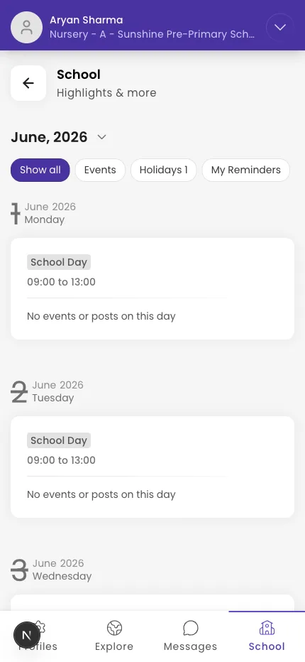Calendar opened from the School tab with the All / Events / Holidays / Reminders tabs