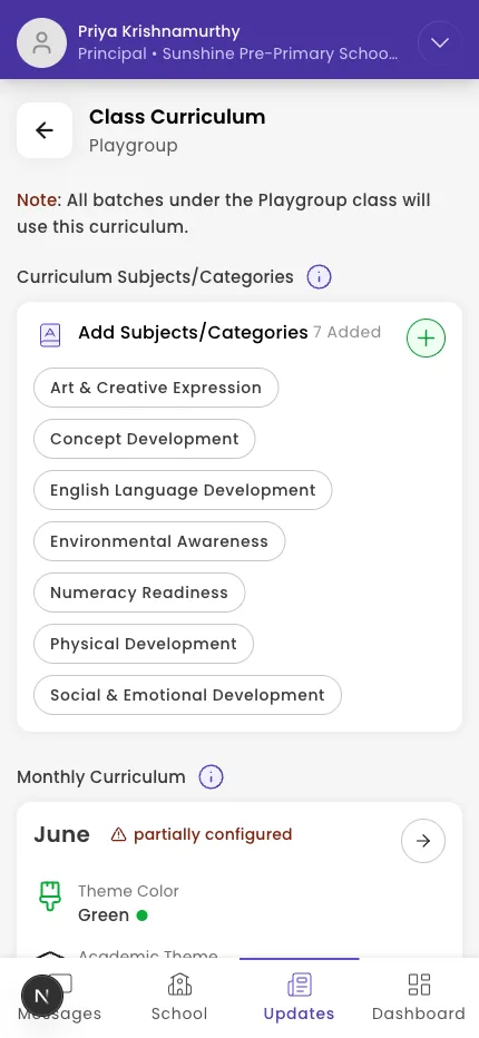 The Monthly Curriculum grid and a month's lesson-plan detail