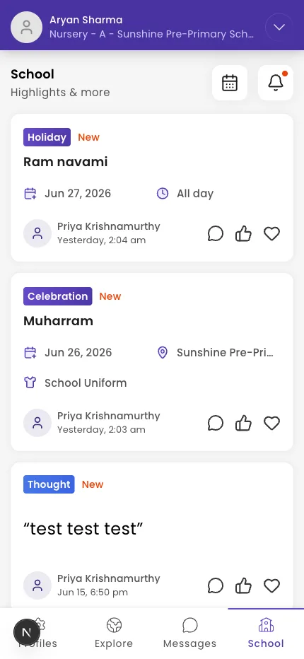 The School tab showing the schedule, today's homework, and a posts feed