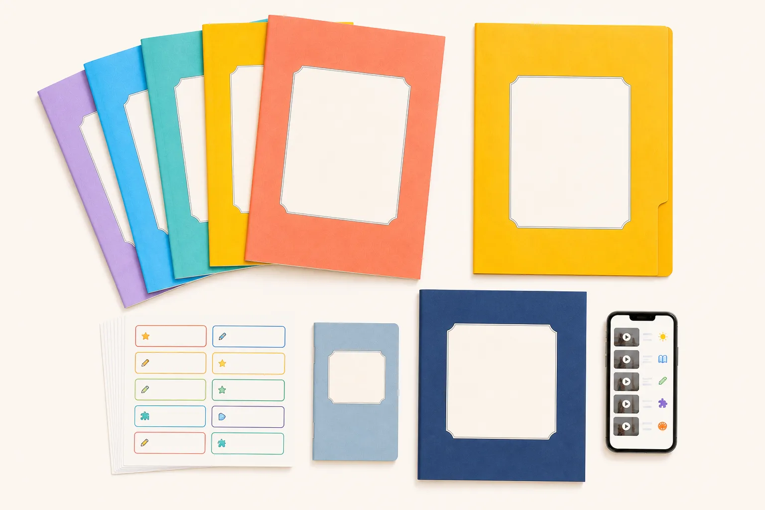 Workbooks with blank cover panels, a folder, a progress booklet, name labels and the app