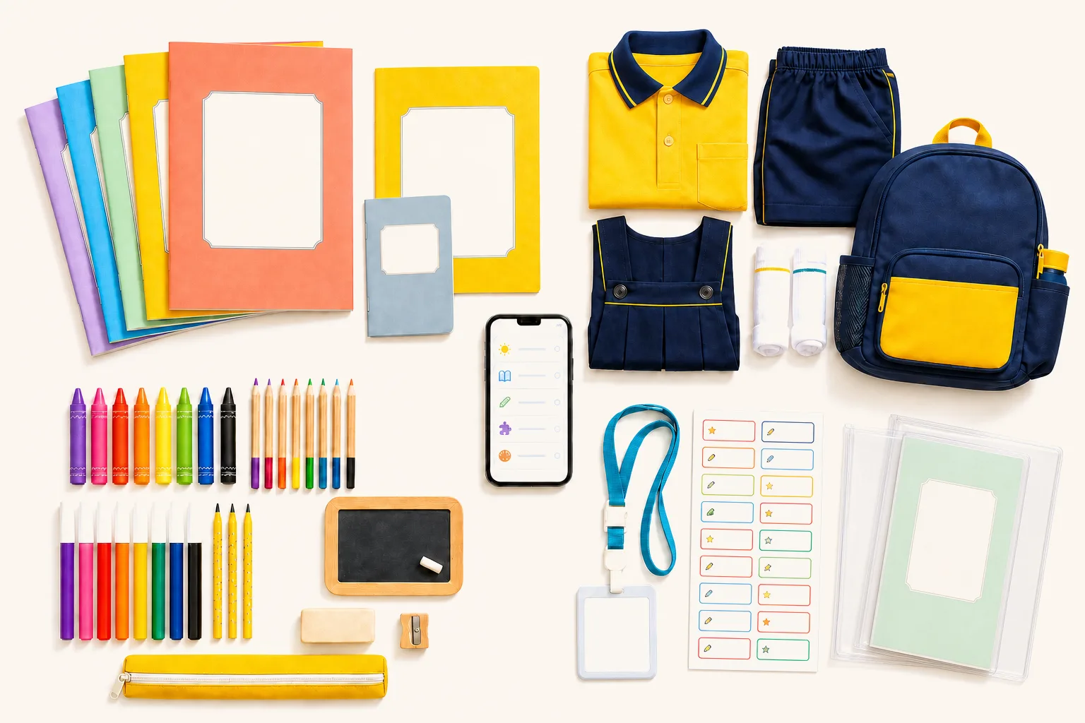 The Starkid annual programme kit laid out: workbooks with blank covers for your school's own name, uniform, sports set, socks and school bag, crayons, pencils, sketch pens, slate, pencil pouch, student ID card and lanyard, name labels and pre-cut book covers — with the Starkid app at the centre.